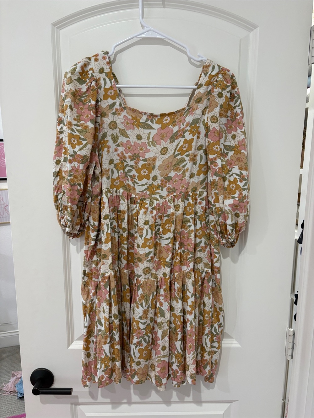 Pink Lily Pink & Mustard Floral Puff-Sleeve Midi Dress